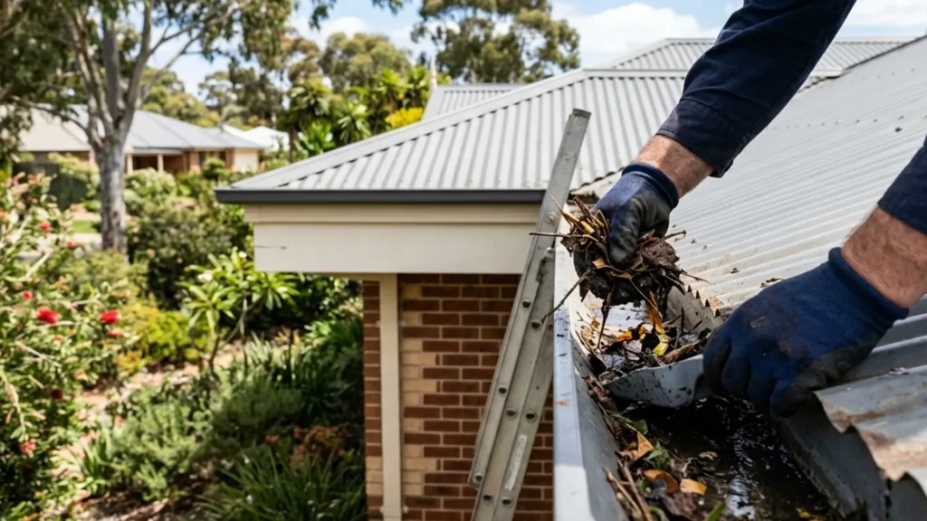 Certified gardener on a ladder performing safe gutter cleaning and roof debris removal.