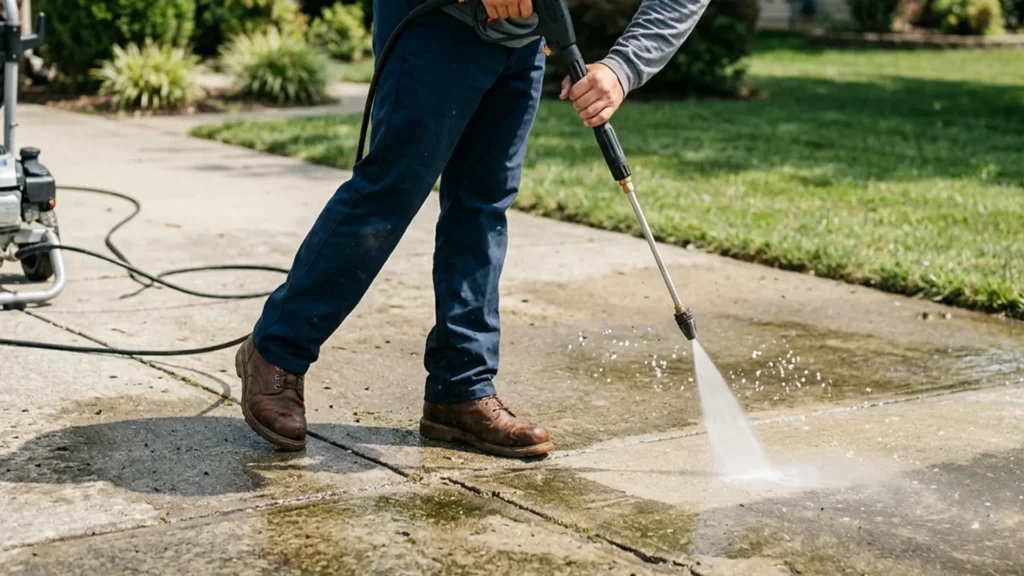 High-pressure cleaning service washing dirt and grime off a concrete pathway in Carrum Downs.